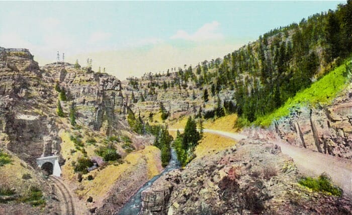 A postcard view of what is now Recreation Road winding through the canyon along Little Prickly Pear Creek. - photo www.helenahistory.org